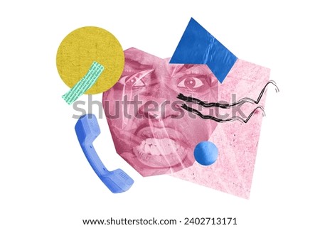 Collage creative poster black white filter angry furious stressful young man figure colorful miniature exclusive template white background