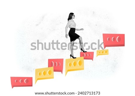 Creative collage picture illustration black white filter charm serious beautiful young woman walk speak distance corporate white background Royalty-Free Stock Photo #2402713173
