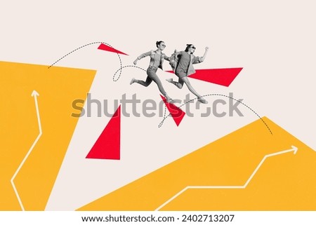 Creative photo collage picture two running young girl overcome difficulties reach success target progress charts raise upwards