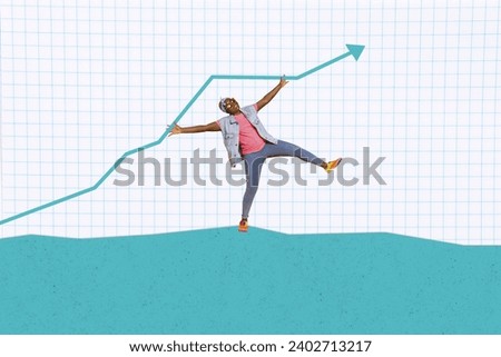 Photo image collage young happy funny stylish man hipster celebrating success arrow go upwards reach progress checkered background