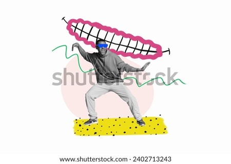 Photo collage illustration of cool hipster guy dancing in sportswear clubbing moves hands near smiling picture isolated on white background