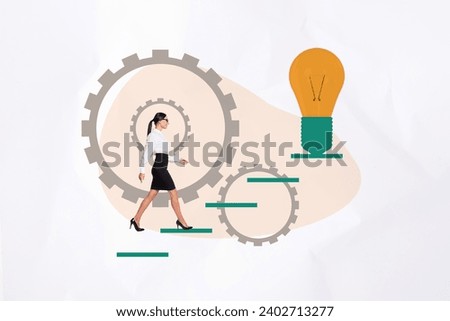 Creative collage photo picture young attractive business lady going up stairs towards huge lightbulb gears cogwheel solution idea