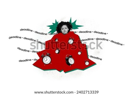 Painted collage picture of unhappy girl wrapped in abstract alarm clock dissatisfied when it ringing isolated on white color background