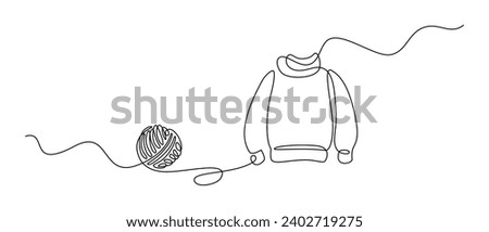 Hand knitted sweater in continuous line art drawing style. Ball of thread and pullover knitted garment. Knitting and crocheting concept Royalty-Free Stock Photo #2402719275