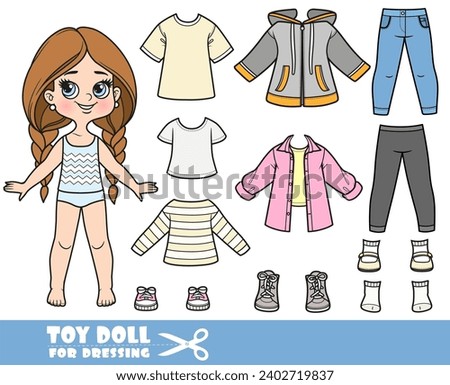 Cartoon long hair braided girl and clothes separately -  dresses, t-shirts and shirt, jacket, leggings, jeans and sneakers doll for dressing Royalty-Free Stock Photo #2402719837