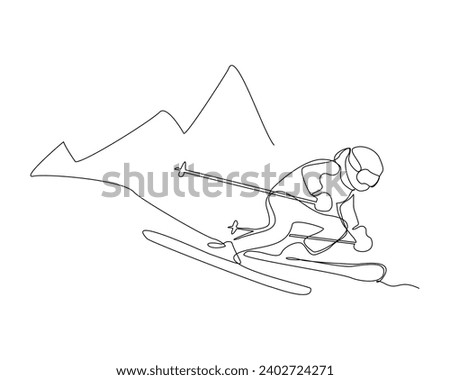 Continuous single line sketch drawing of man skier snow ski down and jump the snowy mountain fast speed. One line art of extreme sport snow ski vector Royalty-Free Stock Photo #2402724271