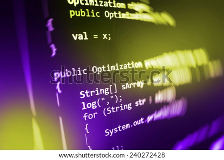 Computer script. Programming code abstract screen of software developer. Digital abstract bits data stream, cyber pattern digital background. Selective focus effect. Purple pink and yellow color. 