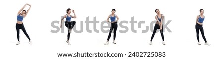 Collection of body workout training with stretching and warming up posture for athletic woman in different various exercise posing sequence in full body studio shot on isolated background. Vigorous Royalty-Free Stock Photo #2402725083