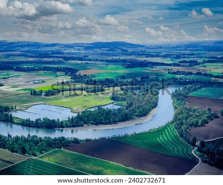 An aerial view of farms and farm land in the Willamette Valley near Eugene Oregon