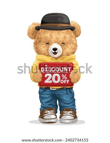 Vector illustration of funny teddy bear holding sign board discount