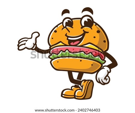 Burger with welcoming hands cartoon mascot illustration character vector clip art