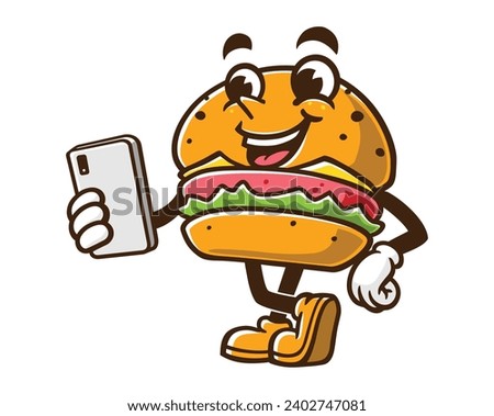Burger with gadget cartoon mascot illustration character vector clip art