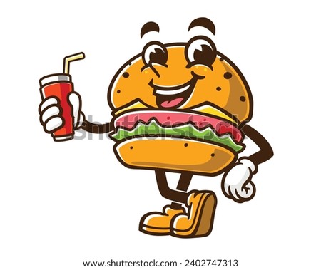 Burger with a drink cartoon mascot illustration character vector clip art