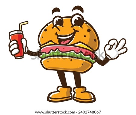 Burger with a drink and okay hand pose cartoon mascot illustration character vector clip art