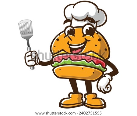Burger with spatula cartoon mascot illustration character vector clip art