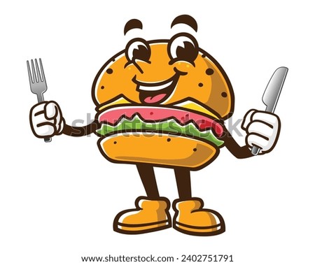 Burger with fork and knife cartoon mascot illustration character vector clip art