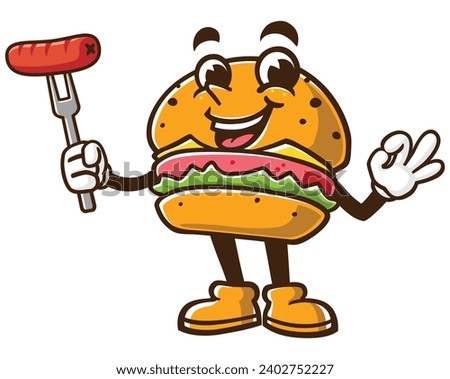 Burger with sausage cartoon mascot illustration character vector clip art