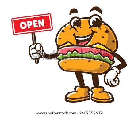 Burger with open sign board cartoon mascot illustration character vector clip art