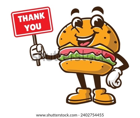 Burger with thank you sign board cartoon mascot illustration character vector clip art