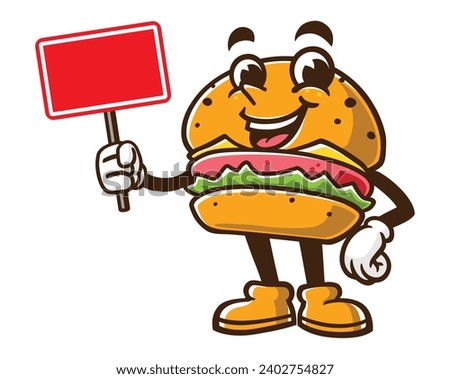 Burger with blank sign board cartoon mascot illustration character vector clip art