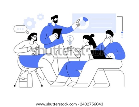 Creative project isolated cartoon vector illustrations. Students gathering together to work on university project, sharing creative ideas with friends, educational process vector cartoon. Royalty-Free Stock Photo #2402756043