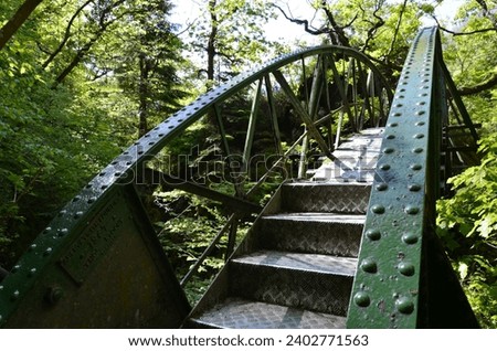 Nestled in a Woodland, a Grade 11 listed, sturdy Cast Iron Bridge that's painted Green, with Double-Warren Arched Truss Girders, spans over the Mynach River at Devils Bridge, Aberystwyth, Wales, UK.  Royalty-Free Stock Photo #2402771563