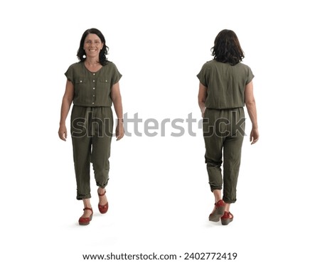 front and back view of same woman walking on white background Royalty-Free Stock Photo #2402772419