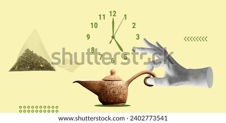 Tea Time, Harmony. Hand with small teapot, accompanied by clock displaying five o'clock. Serene ritual of tea preparation, evoking sense of relaxation, harmony. Minimalistic art collage Royalty-Free Stock Photo #2402773541