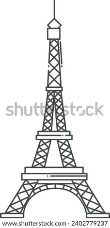 Simple black flat outline drawing of the French historical landmark monument of the EIFFEL TOWER, PARIS