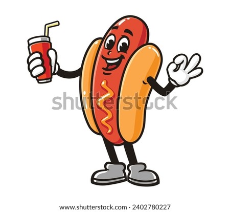 Hot dog with a drink cartoon mascot illustration character vector clip art