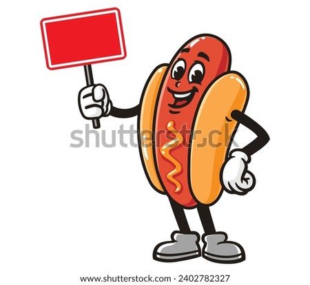 Hot dog with blank sign board cartoon mascot illustration character vector clip art