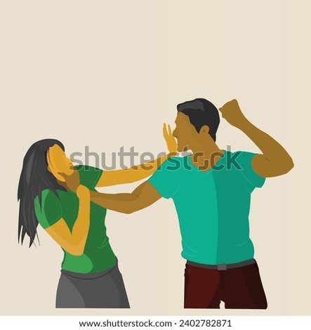 Husband beating up wife, assault concept vector illustration eps image of domestic argument violence and aggression against woman for magazine cover. furious adult couple fight with emotional stress Royalty-Free Stock Photo #2402782871