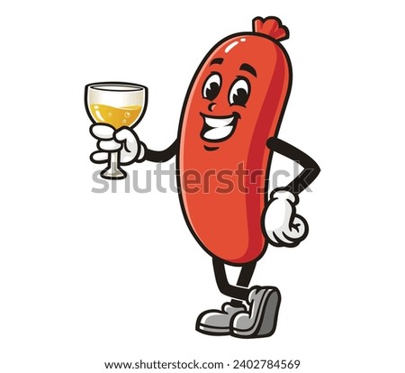 sausage with a glass of drink cartoon mascot illustration character vector clip art