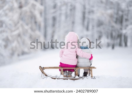 Sister and little brother sitting together on wooden sledge and staring at slope hill and snow covered trees background. Children hugging and enjoying winter day at park. Back view.