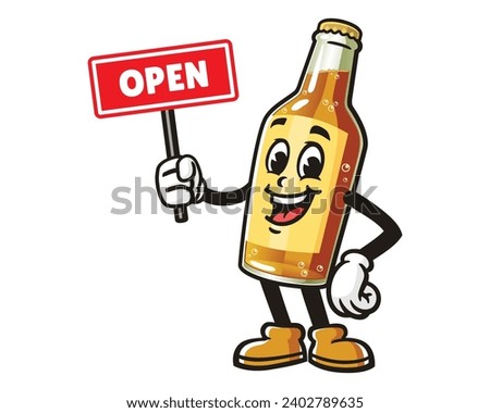 Beer Bottle with open sign board cartoon mascot illustration character vector clip art