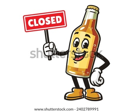 Beer Bottle with closed sign board cartoon mascot illustration character vector clip art