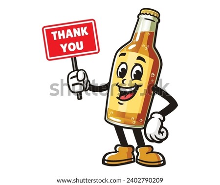 Beer Bottle with thank you sign board  cartoon mascot illustration character vector clip art