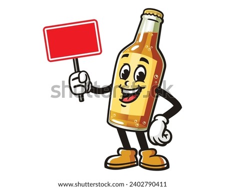 Beer Bottle with blank sign board cartoon mascot illustration character vector clip art