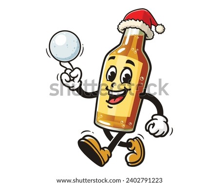 Beer Bottle playing snowball and wearing a Christmas hat cartoon mascot illustration character vector clip art