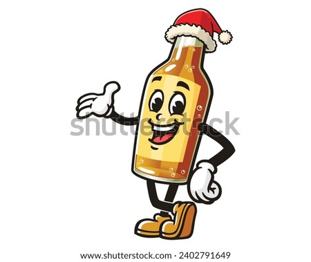 Beer Bottle wearing a Christmas hat cartoon mascot illustration character vector clip art