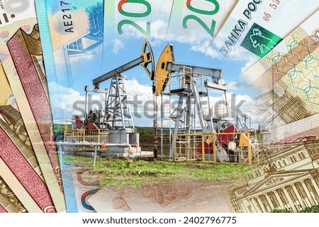 Oil pump jack fracking crude extraction machine and money background from russian roubles. Buying and selling oil for rubles. Oil industry equipment and finace