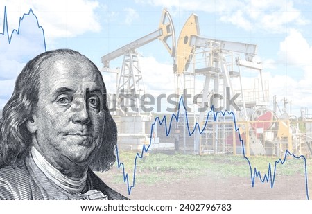 Benjamin Franklin portrait from american dollars against the graph rate chart and oil pump jack extraction machine. Business concept