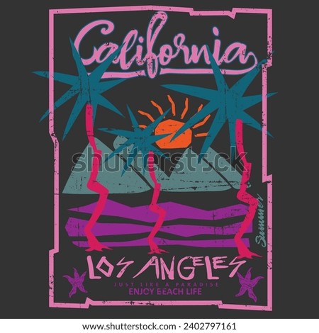 
the art of summer print design for summer beach women's graphic tee, California loss angels palm beach t-shirt or sweatshirt print design -vector