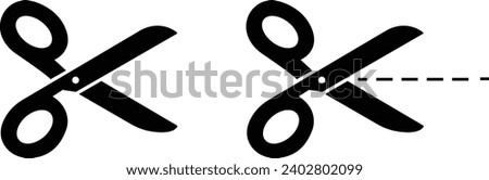 Scissors, trim flat icons set. Black Vector collection isolated on transparent background. Cut here guidance, scissors and dash. Coupon mark and symbol for cropping, signifying voucher element