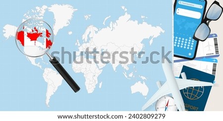 Canada is magnified over a World Map, illustration with airplane, passport, boarding pass, compass and eyeglasses. Vector illustration.