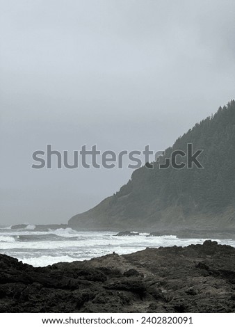 Dreary oceanside scene next to rocky beach Royalty-Free Stock Photo #2402820091