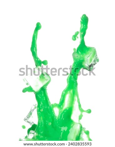 Green Matcha Milk Tea pour fall down, explosion in air with ice cube cold. Green Matcha Milk Tea spill splash in shape form line as paint color. White background isolated high speed shutter freeze