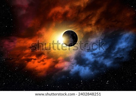 total solar eclipse in clouds, atmosphere .  Royalty-Free Stock Photo #2402848251