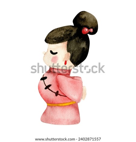 Watercolor Asian style bride illustration. Mini wooden toy of girl in traditional korean red dress. Chinese valentines day qixi . HAnd drawn clip art for wedding, card, invitation design