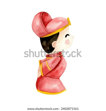 Watercolor asian style groom in red dress and hat. Tarditional korean, chinese boy in wedding dress for invitation, valentines day card ,poster design. Clip art of wooden toy.